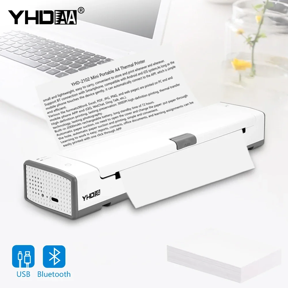 YHD Thermal Transfer Portable Printer A4 Paper Bluetooth Wireless Travel Printer Compatible with Android and iOS