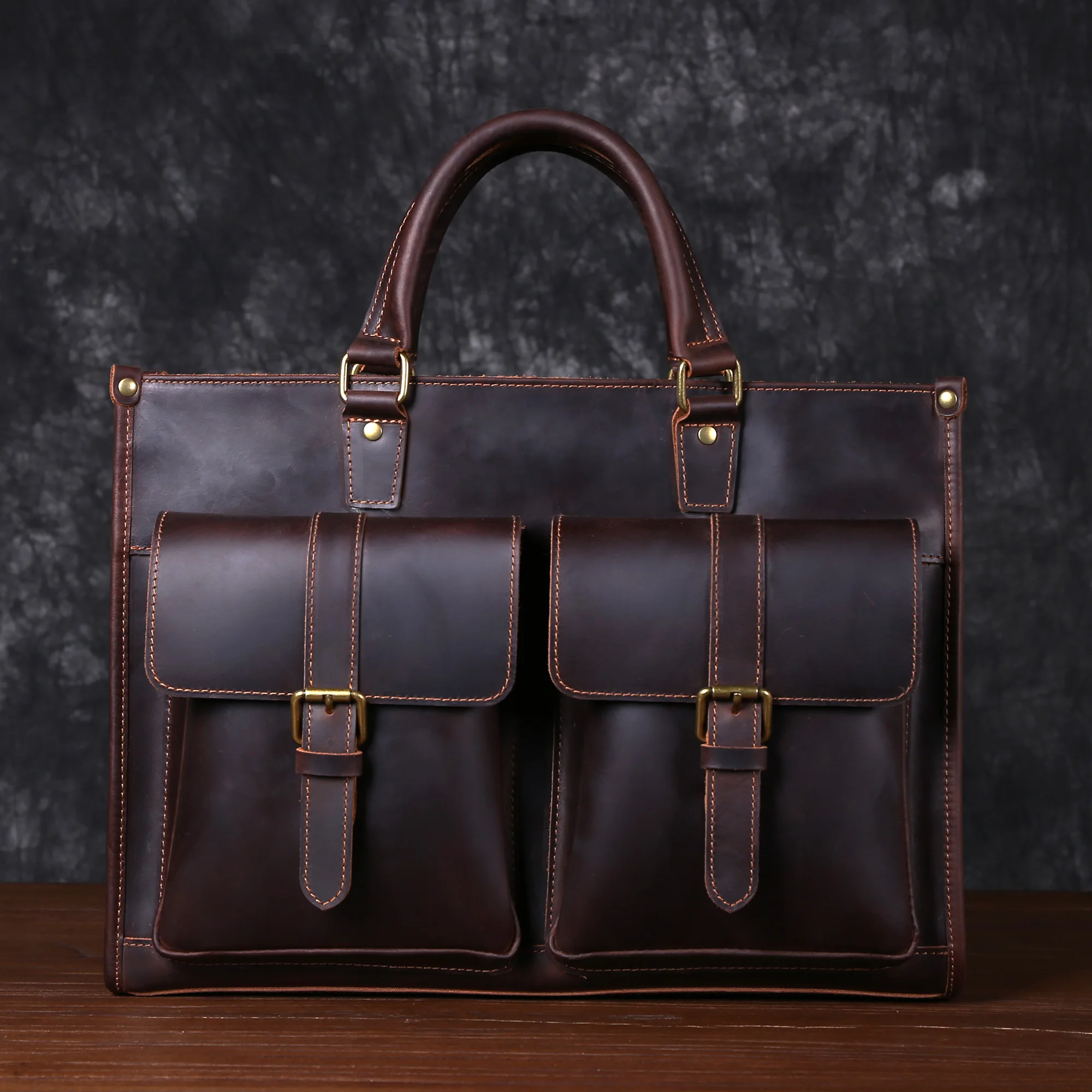 Retro Mad Horse Leather Men's Tote Top Layer Cowhide Briefcase Leather 15 