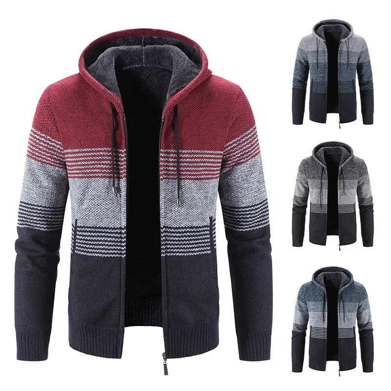 

Men's New Autumn Winter Hoodie Sweater Coat Fleece Warm Jackets Y2K Korean Striped Stylish Hooded Men Cardigan Hombre Outwear