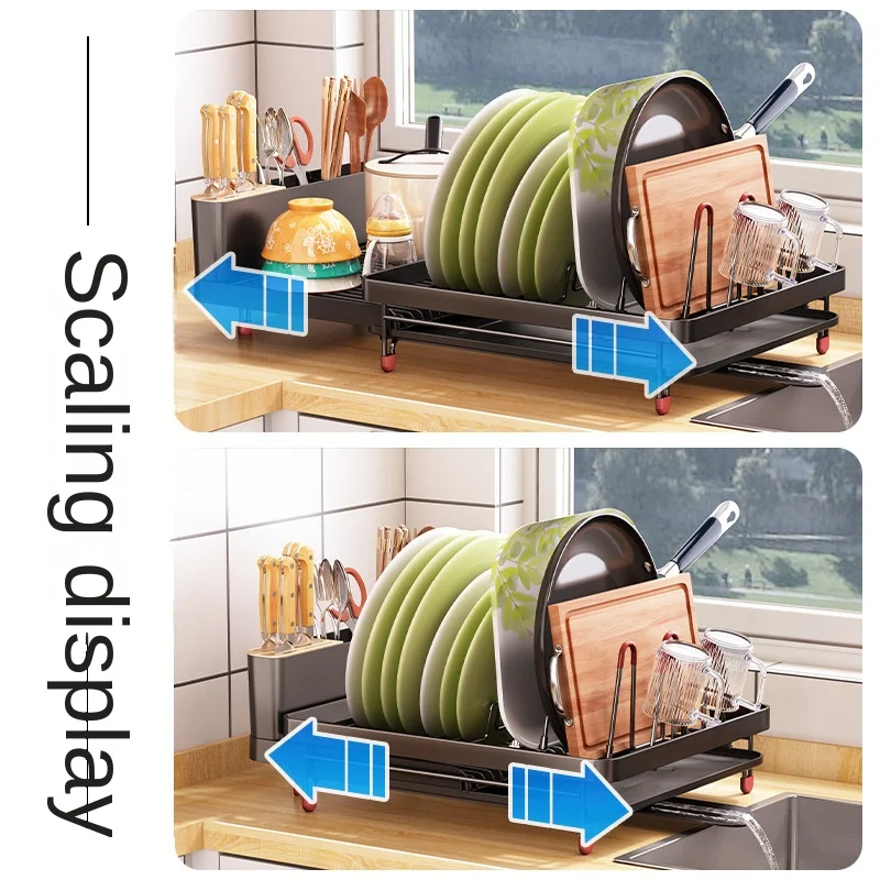 Adjustable Aluminum Dish Drying Rack, Sink Organizer with Cutlery Kitchen Holder and Cup Holder