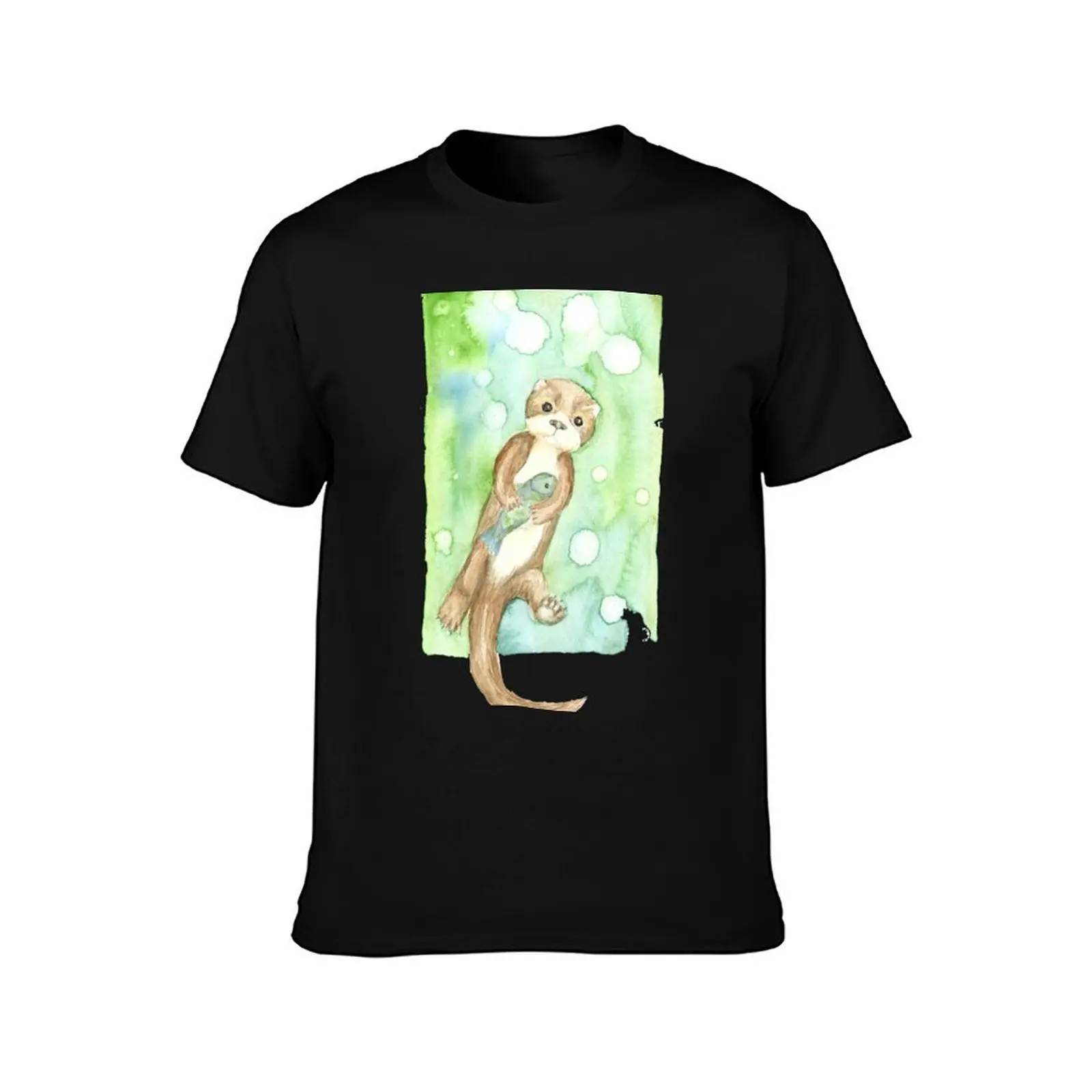 otter with fish floating on blue green T-Shirt, Summer Casual Cotton Tee, Oversized Streetwear Tops, Vintage Graphic Print