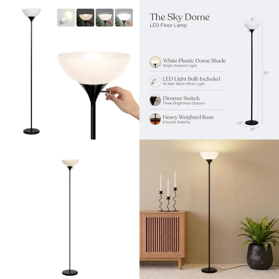Sky Dome Dimmable LED Floor Lamp, Torchiere Floor Lamp for Living Room, Bedroom, and Office Tall Torch Standing Lamp for Readin