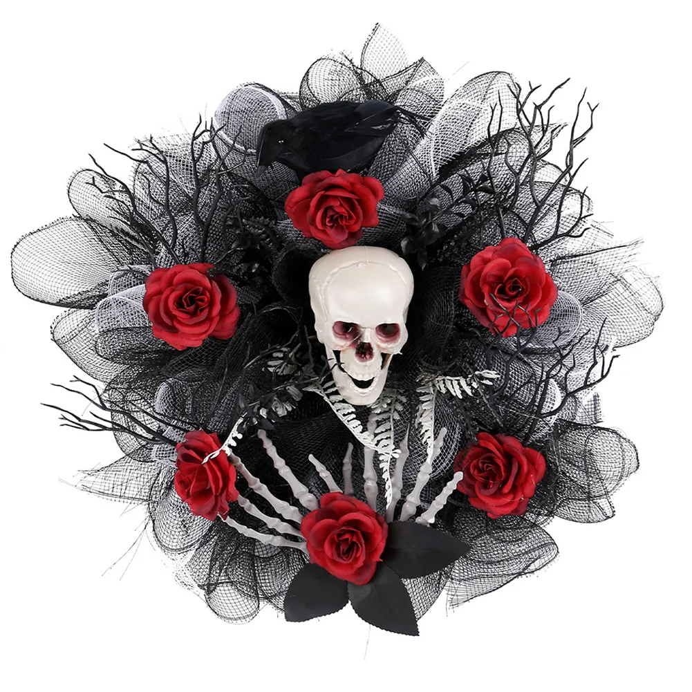 Skull Wreath Scary Red Rose Wreath Halloween Skeleton Wreath for Haunted Mansion Halloween and Party Supplies