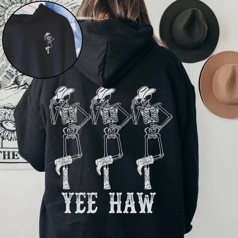 

Funny Western Hoodie "YEE HAW" Graphic Pullover Unisex Retro Cowboy Skeleton Dancing Cowgirl Gift Cotton Top