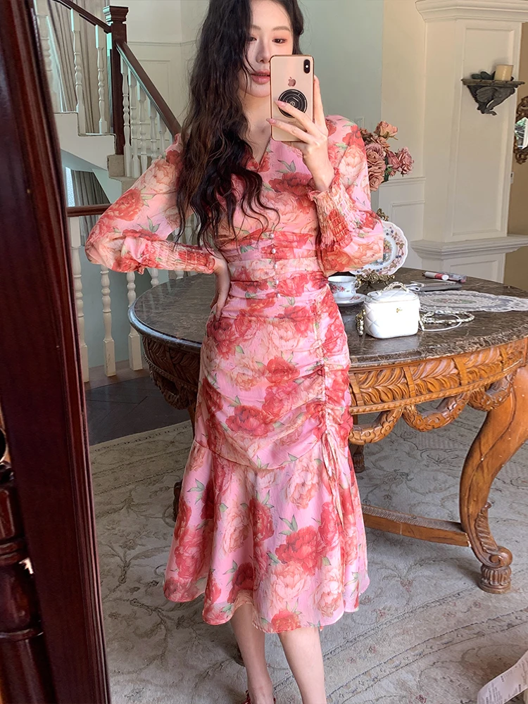 

Spring Autumn French Vintage Elegant Bohemian Long Dress Women's Printed V-neck Silk Slim Dress Casual Beach Vacation Clothing