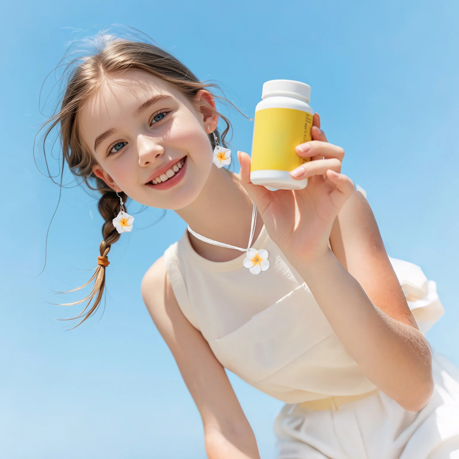 

2Sets Hawaii Theme Clay Plumeria Flower Earrings Necklace Lightweight Durable Design Perfect Accessory for Hawaiian Party