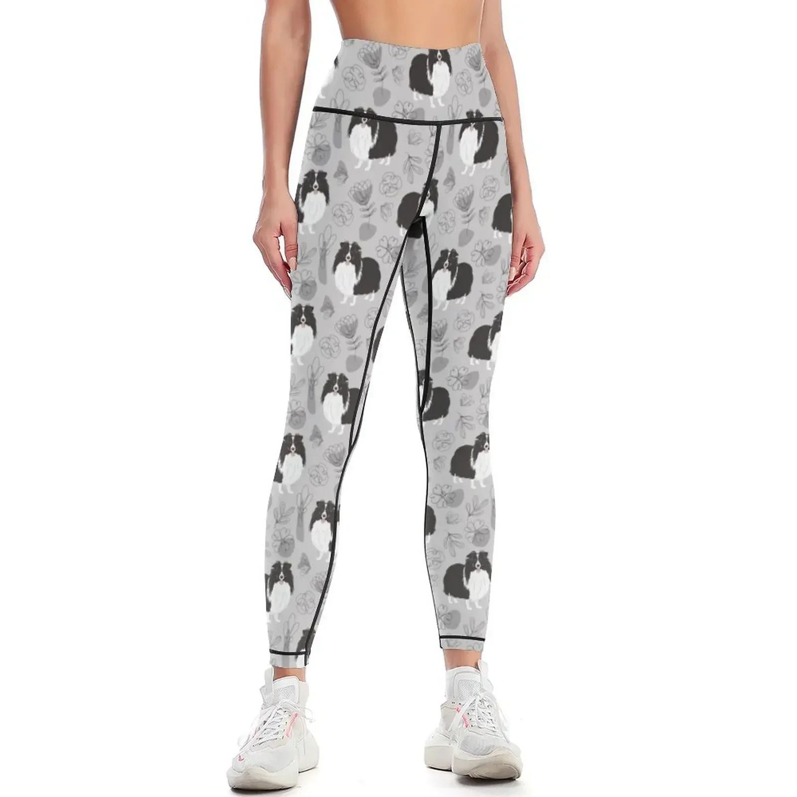 

Cute Black White Sheltie Dog Shetland Sheepdog Leggings active wear sports for gym gym top Womens Leggings