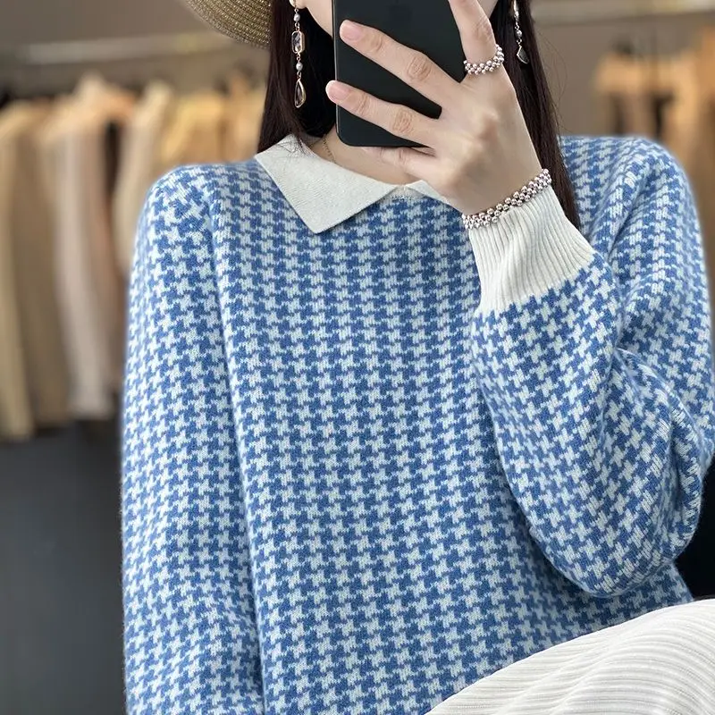 Women\'s Clothing Houndstooth Knitted Jumpers Casual Turn-down Collar Spliced 2023 Autumn Winter All-match Korean Loose Sweaters