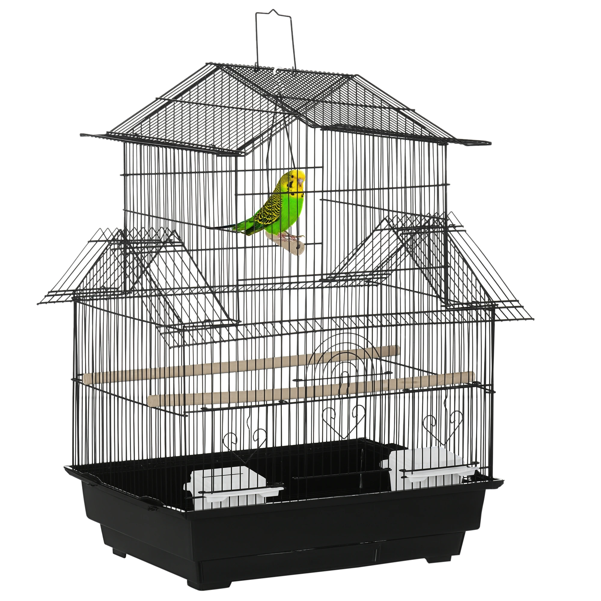 Pawut vogelkooi design huisvoederbak 3 deuren lade verwijderbaar uitwerpselen + handvat transport 50,5x41x63 cm zwart