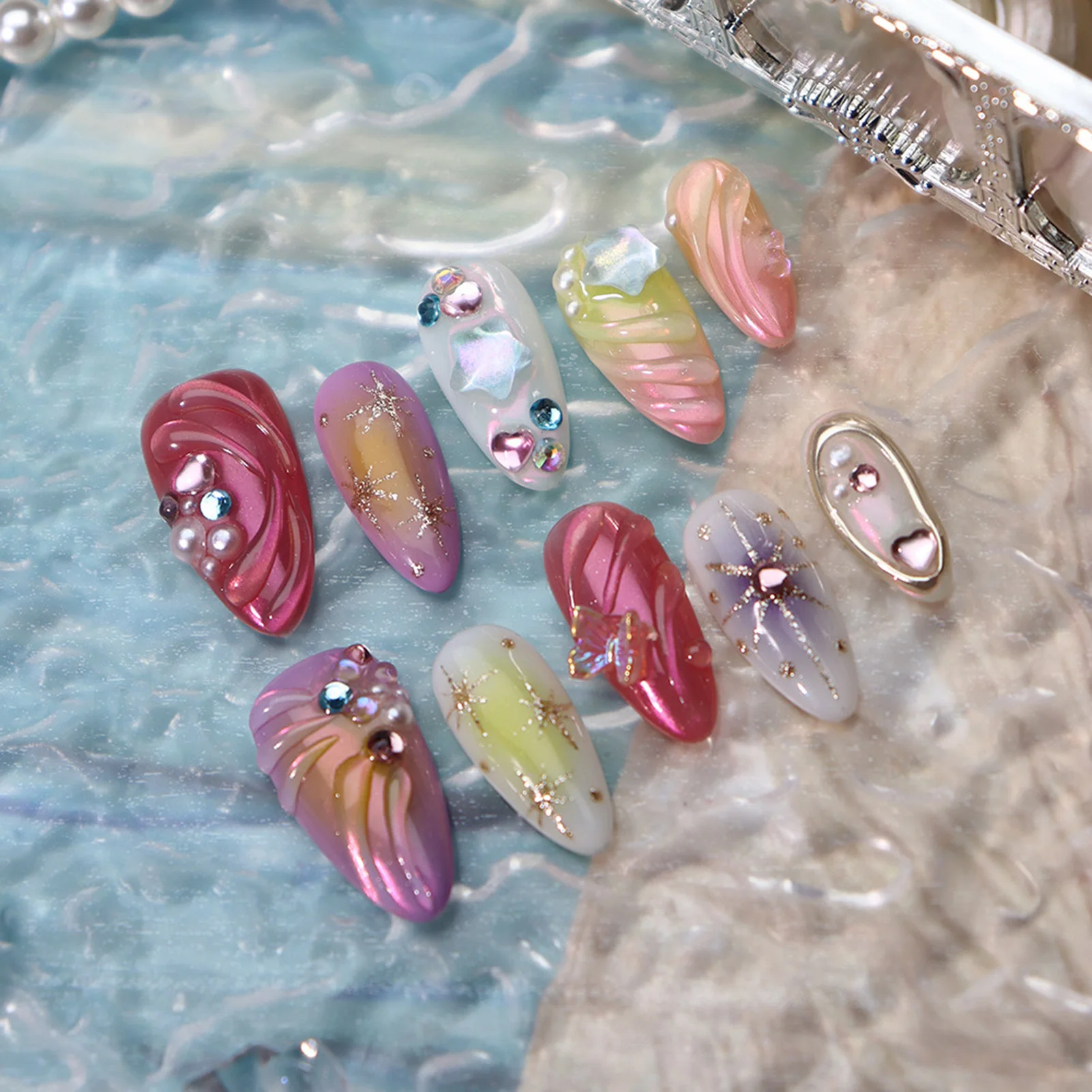 

Накладные ногти серии Ocean, 10 шт., 3d цветные накладные ногти ручной работы с жемчугом и Buterfaly, миндалевидные накладные ногти, съемные