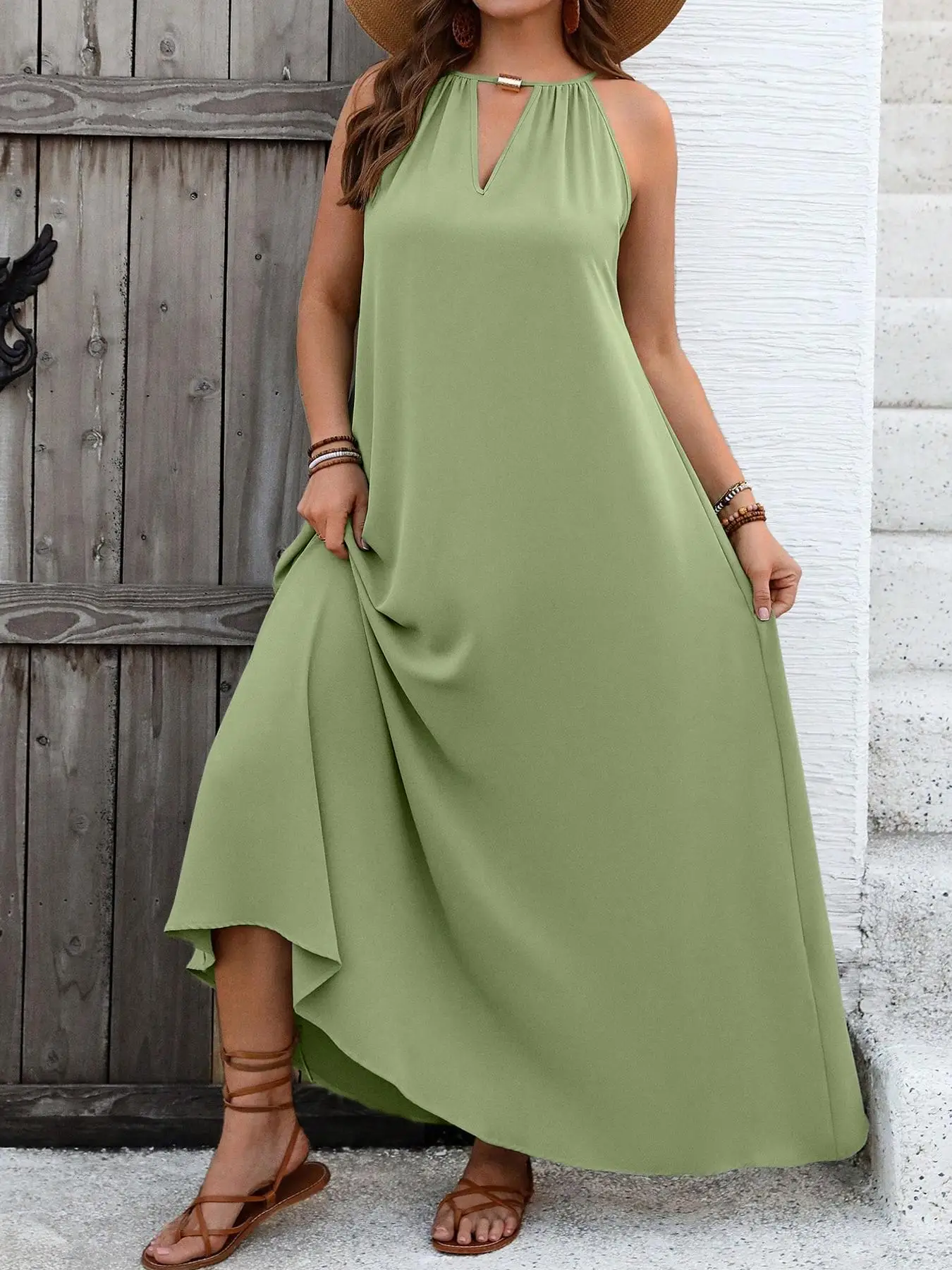 

【Plus Size】 Plain Cut Out Tie Back Dress, Casual Sleeveless Keyhole Neckline Long Dress for Daily Wear, Women's Plus Clothing fo