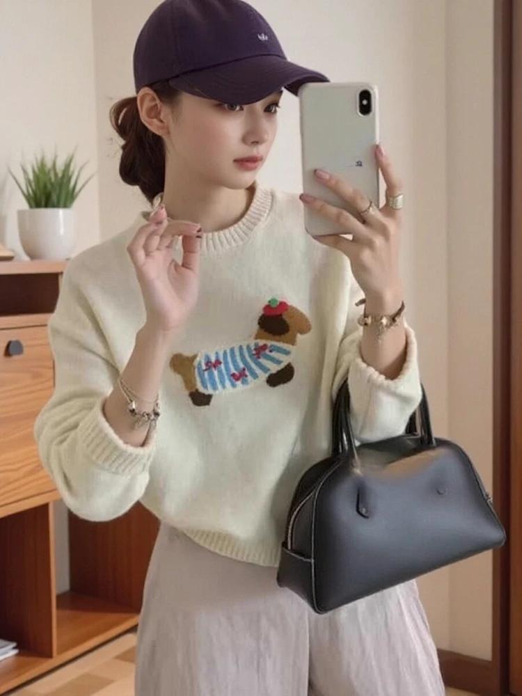 Korean Fashion Cute Sweaters Cartoon Jacquard Long Sleeve O Neck Preppy Style Pullovers All Match Casual Loose Women's Clothing