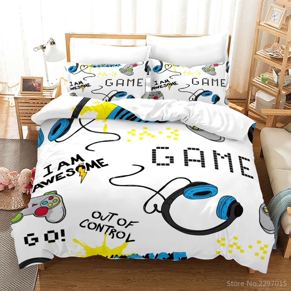 White Gamer Life 3d Bedding Set Game Gamepad Headset Printed Quilt Cover Set Pillowcases Duvet Cover Twin Full Queen King Size