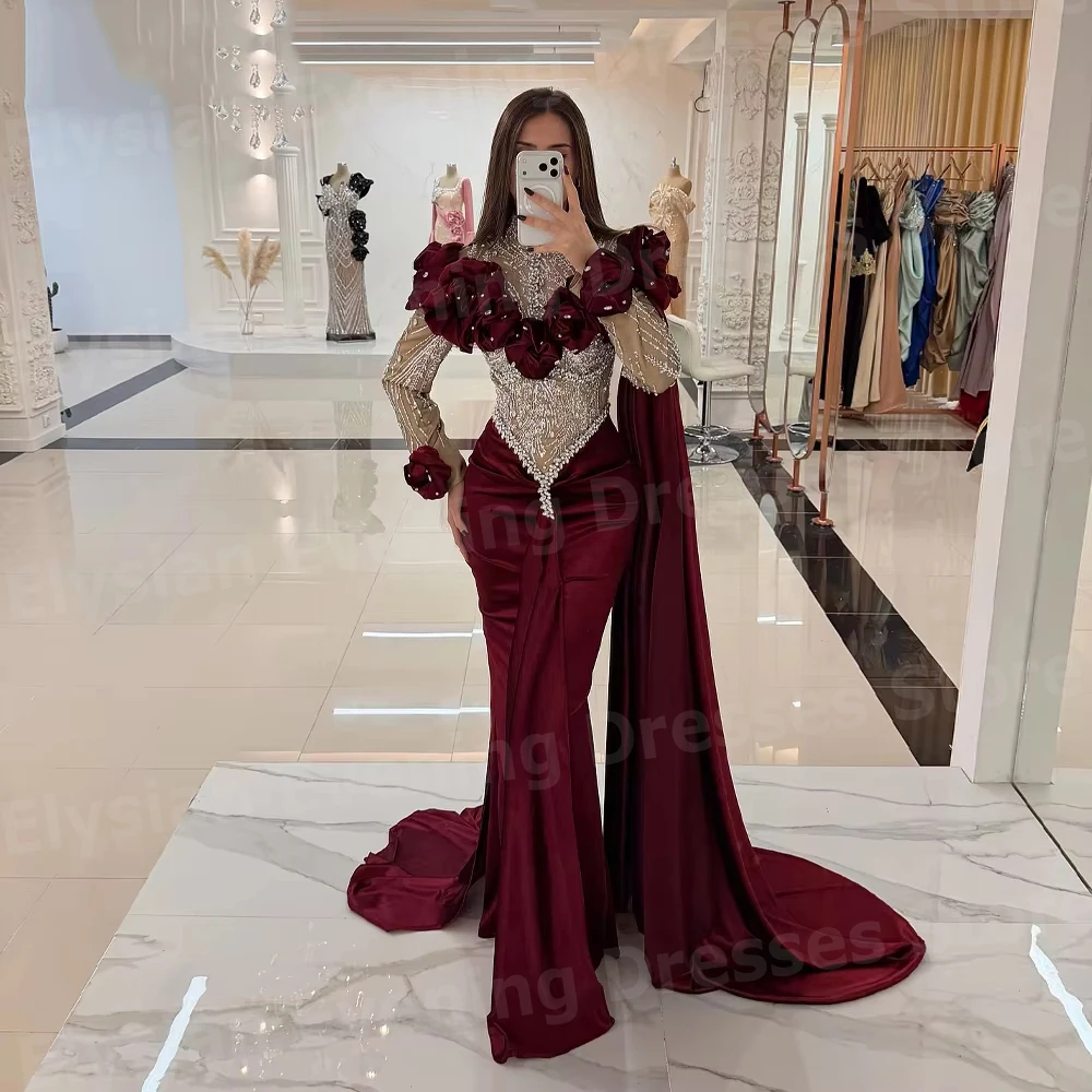 

Luxurious Women's Mermaid Long Sleeve 3D Flowers Evening Dresses Customized Robe De Soirée Prom Gowns Beaded Vestidos Para Mujer