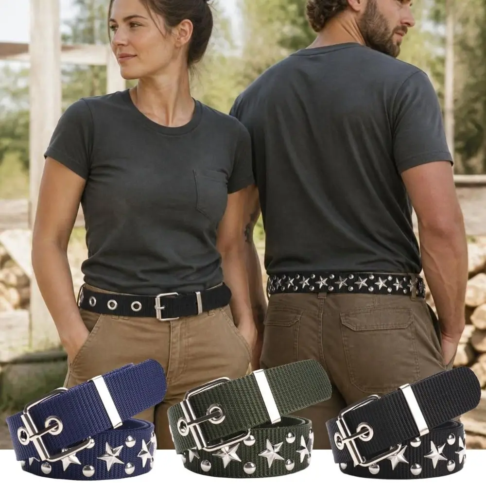 Adjustable Canvas Waist Belt Metal Pin Buckle Hip Hop Pants Belt Star Rivet Decorated Street Style Belt For Men Women Unisex