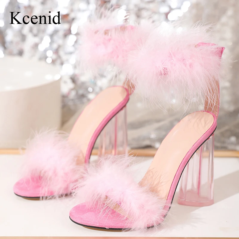 

Kcenid Summer New Square Transparent High Heels Women Sandals Fashion Feather Design Peep Toe Sandals Banquet Wedding Shoes