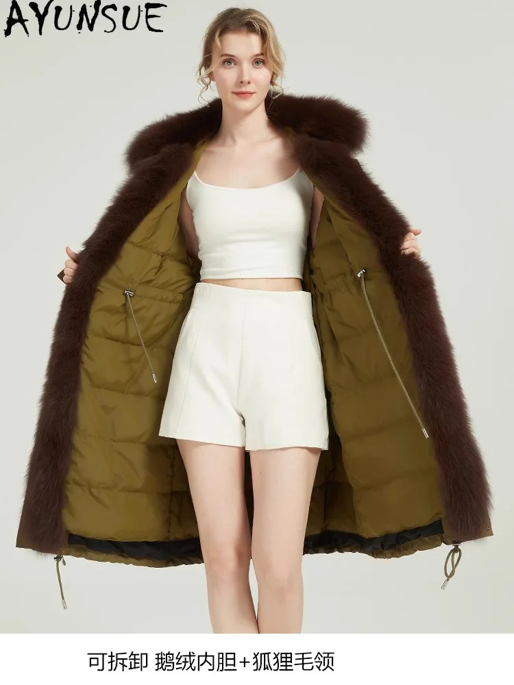 AYUNSUE الشتاء أوزة أسفل سترة النساء الملابس 2025 سترة طويلة للمرأة الثعلب الفراء طوق جديد في معاطف الكورية الفلسطينية