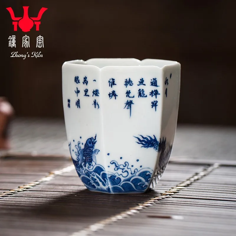 Zhongjia Kiln Jingdezhen Ceramic Firewood Kiln Blue and White Handmade and Hand-Painted Fish Gantry Hexagonal Cup Master Cup Fra