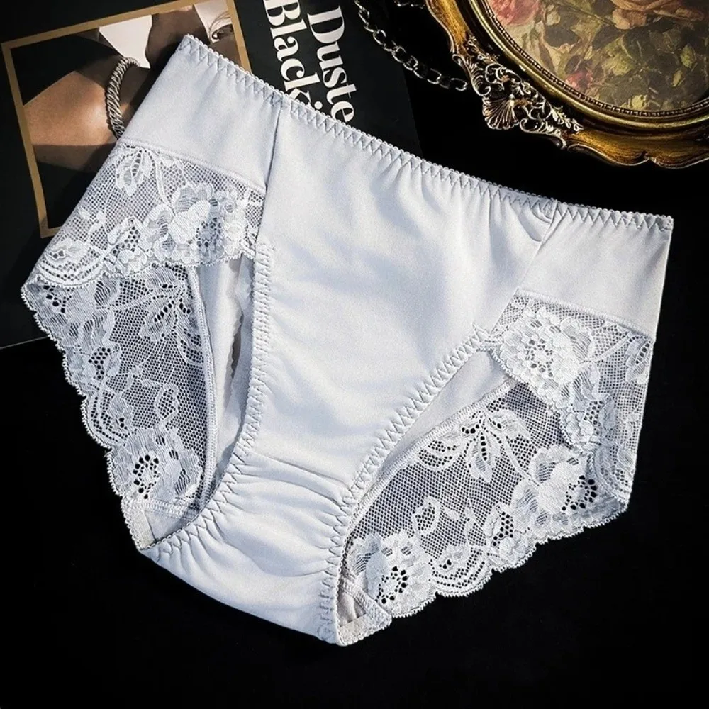 Fashion Mid Waist Lace Panties Mesh Plus Size Lace Underpants Cotton Crotch Floral Milk Silk Briefs Girl