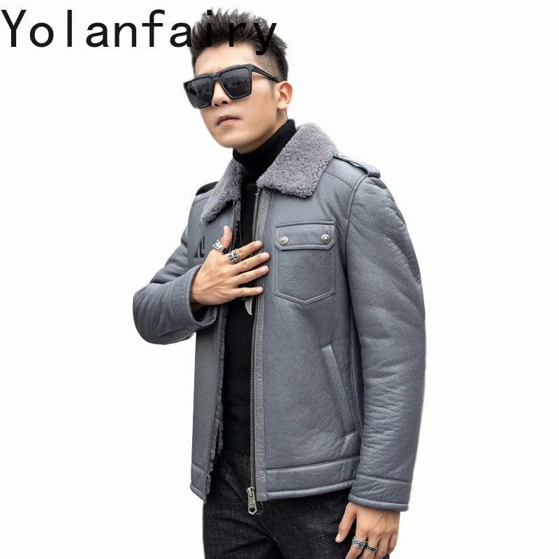 YOLANFAIRY Real Fur Coat Man Fashion Winter Genuine Leather Jacket Men's Motorcycle Jackets Natural Lamb Wool Coats chaqueta