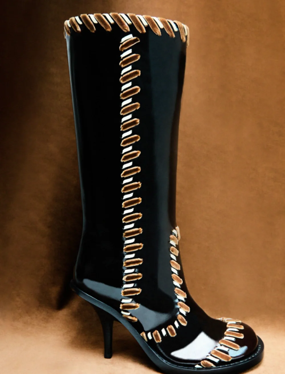 Glossy Black Patent Leather Mid-Calf Stiletto Boots Contrast Brown Edge Detailing Pointed Toe Retro Western Cowboy Style Boots