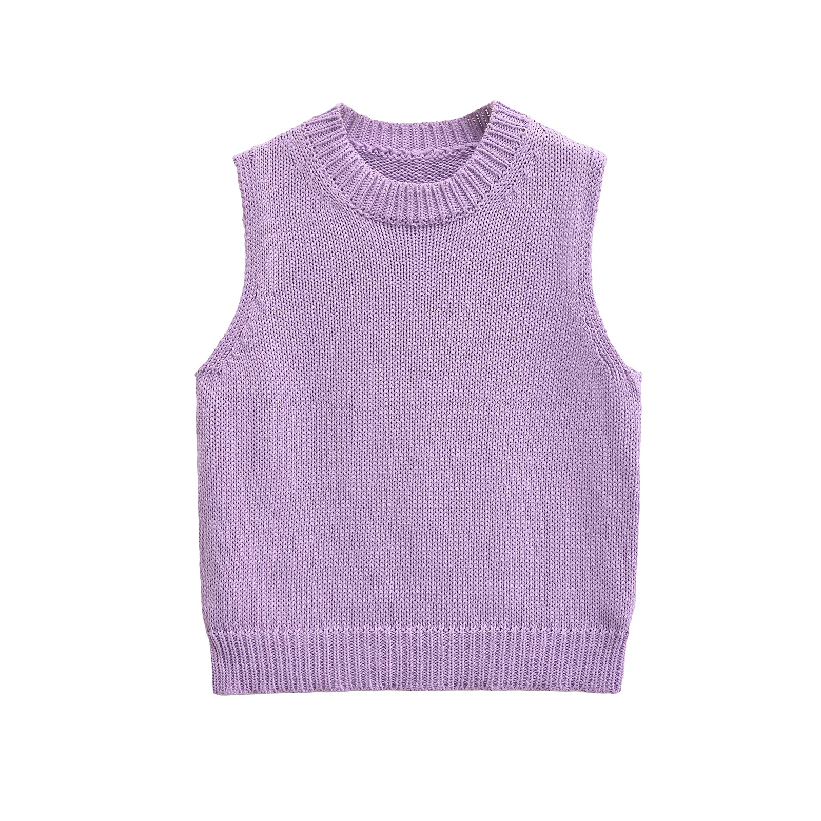 TRAF Autumn Women Light Purple Knit Vest O Neck Sleeveless Sweater Casual Pullover Jumper 1245475001