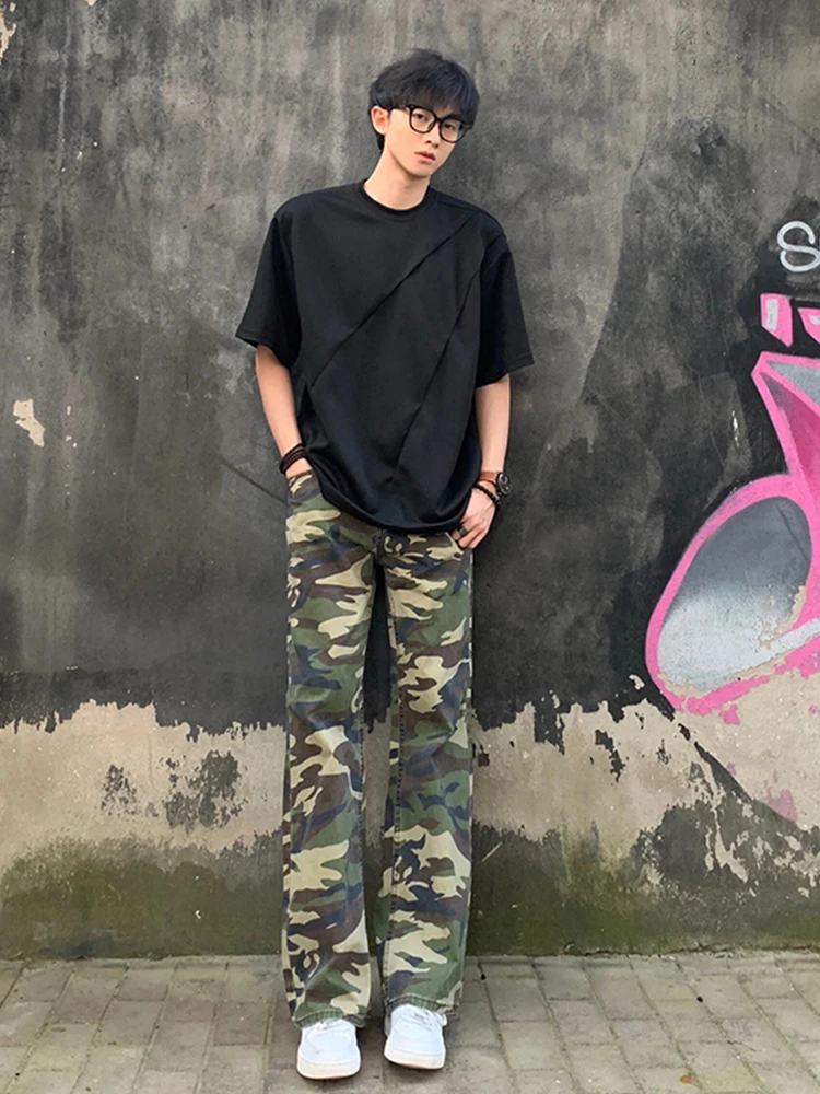 

Retro American Spliced Camouflage Men's Jeans Spring CleanFit Haome Carpenter Work Pants Straight Leg Casual Trousers