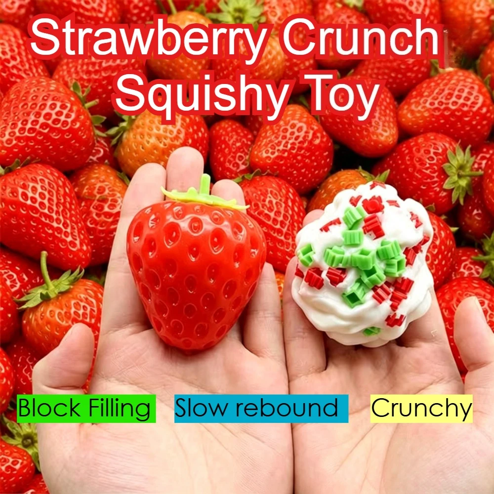 Erdbeer-Crunch-Squishy-Spielzeug, formbarer Stressball, Blockfüllung, langsam zurückfederndes Quetschspielzeug, ASMR-Reibungsgeräusch, Anti-Angst-Geschenk