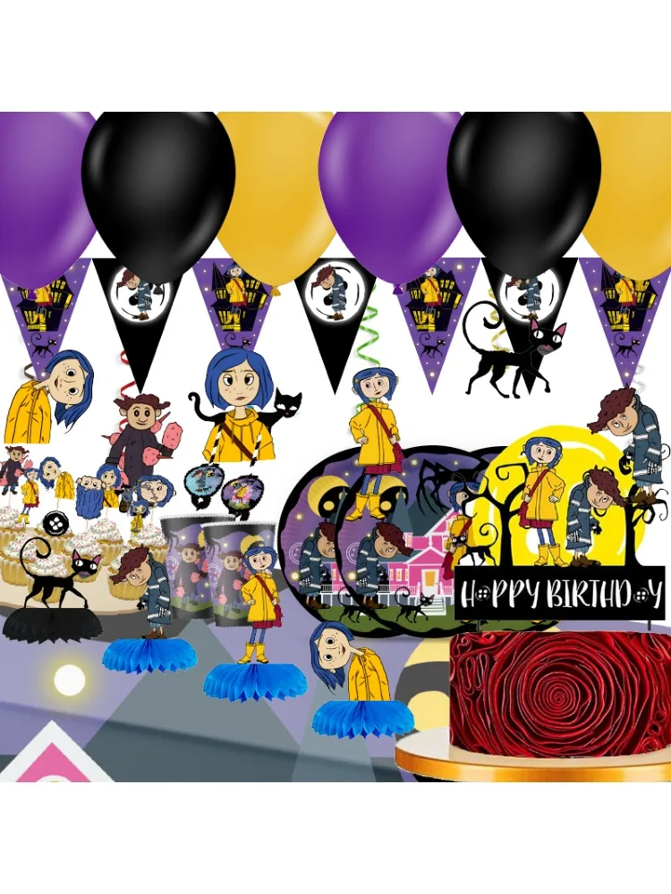 Coraline thème Thriller fête d'anniversaire décoration ballon assiette bannière toile de fond gâteau fournitures bannière pour bébé douche