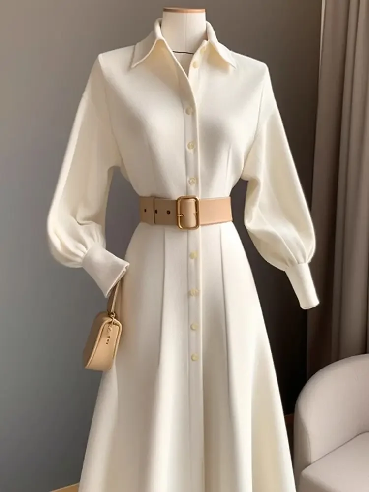 MiiiiX Fashion Elegant Retro Shirt Dress Women's Clothes Autumn Waist Slimming Shirt A-Line Midi Dress with Belt Female Clothing