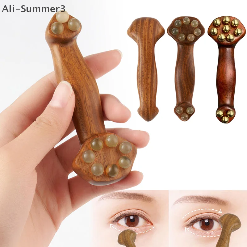 

Двусторонний инструмент для подтяжки фасции для лица с 11 латунными золотыми бусинами, сандаловым деревом, щек, глаза, красота, массаж, Гуа Ша, палочка, расслабление