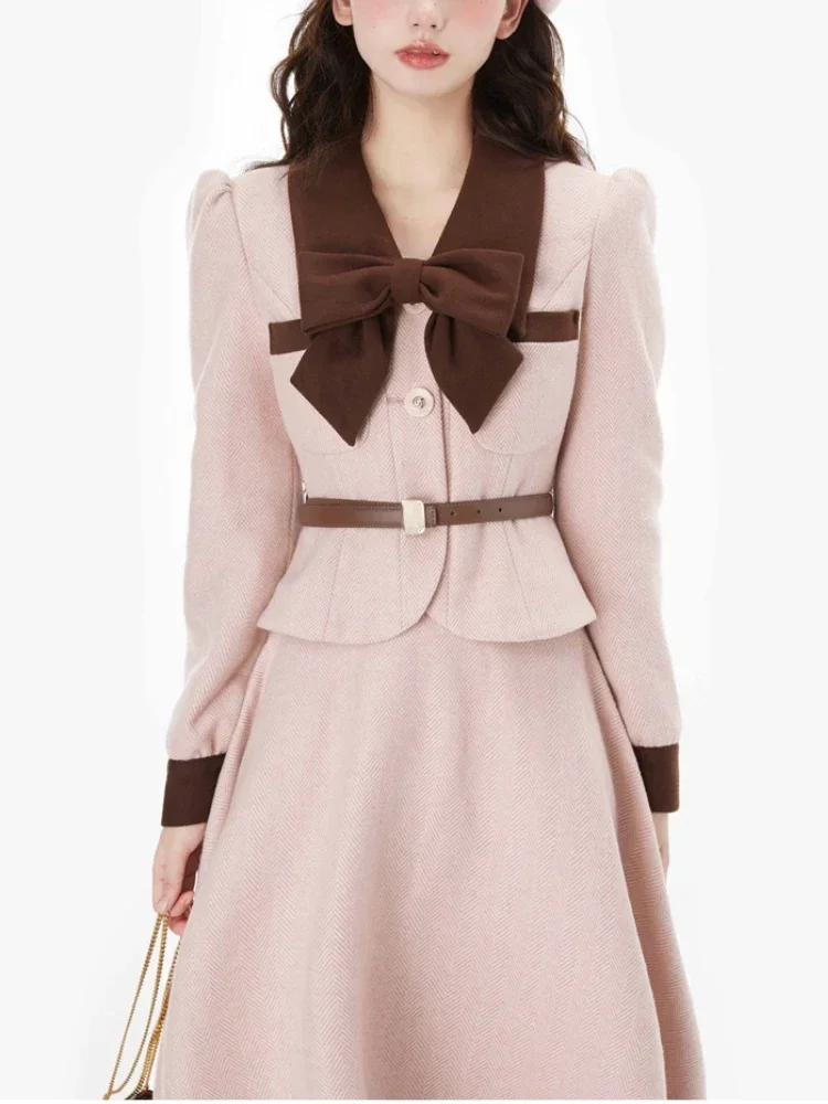 Pink Vintage France Two-piece Set Women 2024 Warm Winter Korean Elegant Skirt Suit Elegant Sweet Coat + A-line Party Midi Skirt