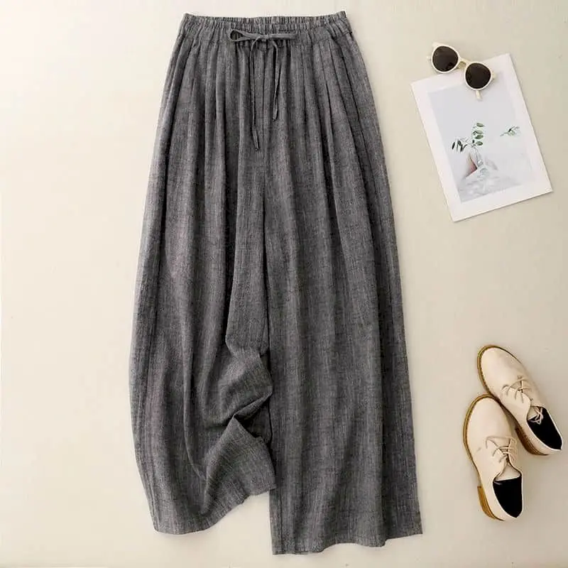

Женские брюки, винтажные хлопковые и льняные широкие брюки с завязками, высококачественные свободные прямые брюки в корейском стиле с эластичной резинкой на талии