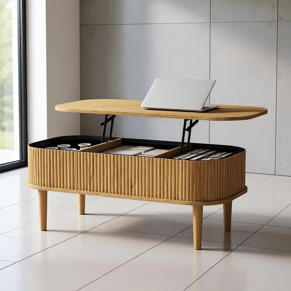 Mid-Century Oval Lift-Top Coffee Table with Storage, Natural Finish, Ideal for Living Rooms, Offices, and Compact Spaces