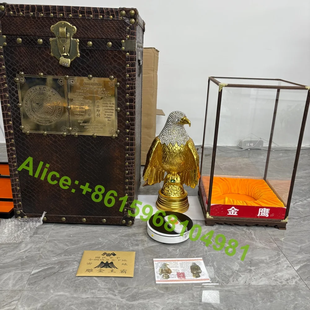 Golden Bald Eagle with Diamond King of Gold Plated Eagle Sculpture Copper Metal Ornaments Craft Golden Eagle With Box Set Gift