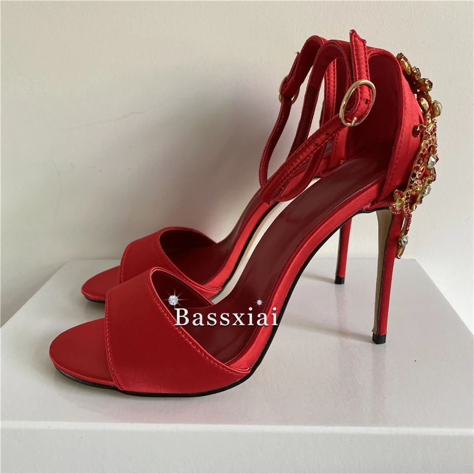 Luxury Satin One-Strap Sandals Women Summer 10cm Thin High Heels With Crystal Metal Decor Party Shoes 2024