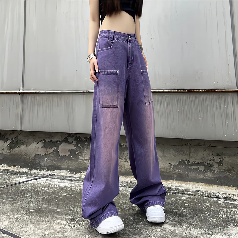 

Purple Baggy Jeans Women Boyfriend Style High Waist Gradient Color Washed Y2k Cargo Pants Mopping Straight Denim Trousers