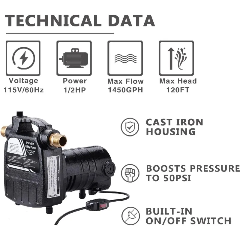 115Volt 1/2HP 1500 GPH Upgraded Heavy Duty High Pressure Cast Iron Casing Water Transfer Utility Pump with ON/OFF Switch