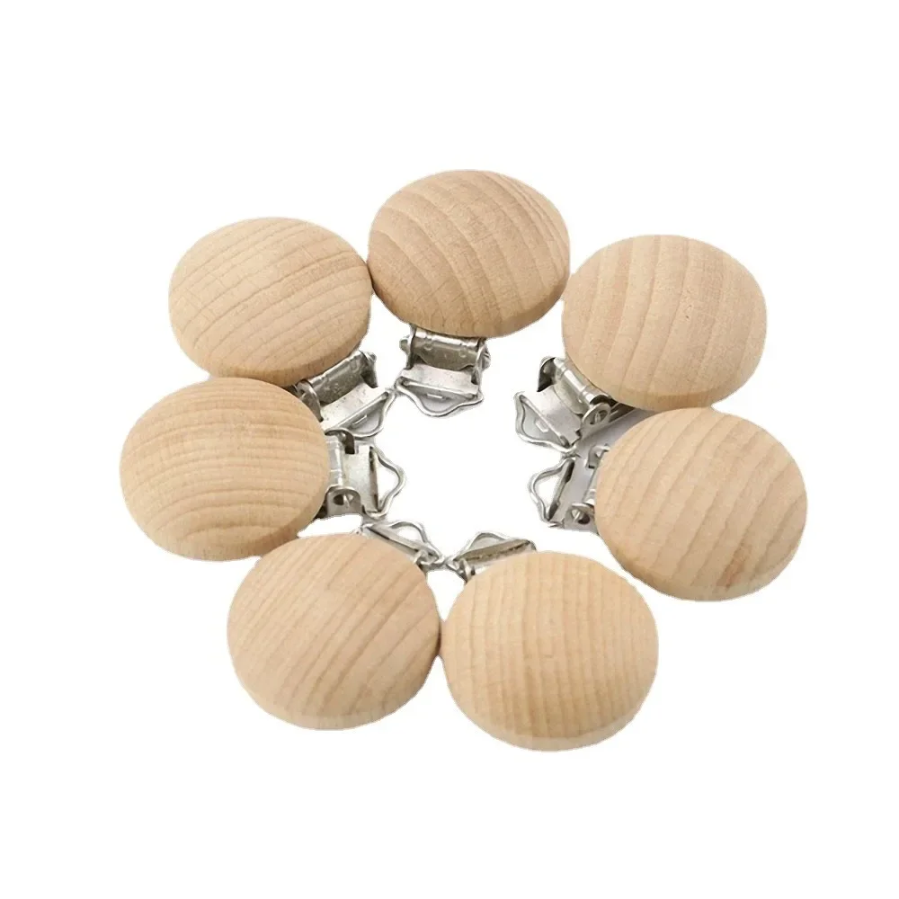 5pcs Natural Beech Wooden Pacifier Chain Dummy Holder Clips 30mm Round Wood Pacifier Clip Food Grade Baby Teether Chew Toys