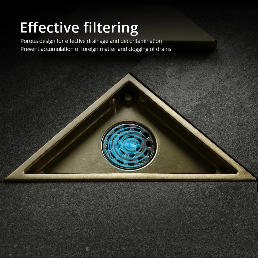 Brushed Gold Drain Siphon Triangle Cover Floor Clean Strainer Rustproof Deodorization Type Stainless Steel Accessories