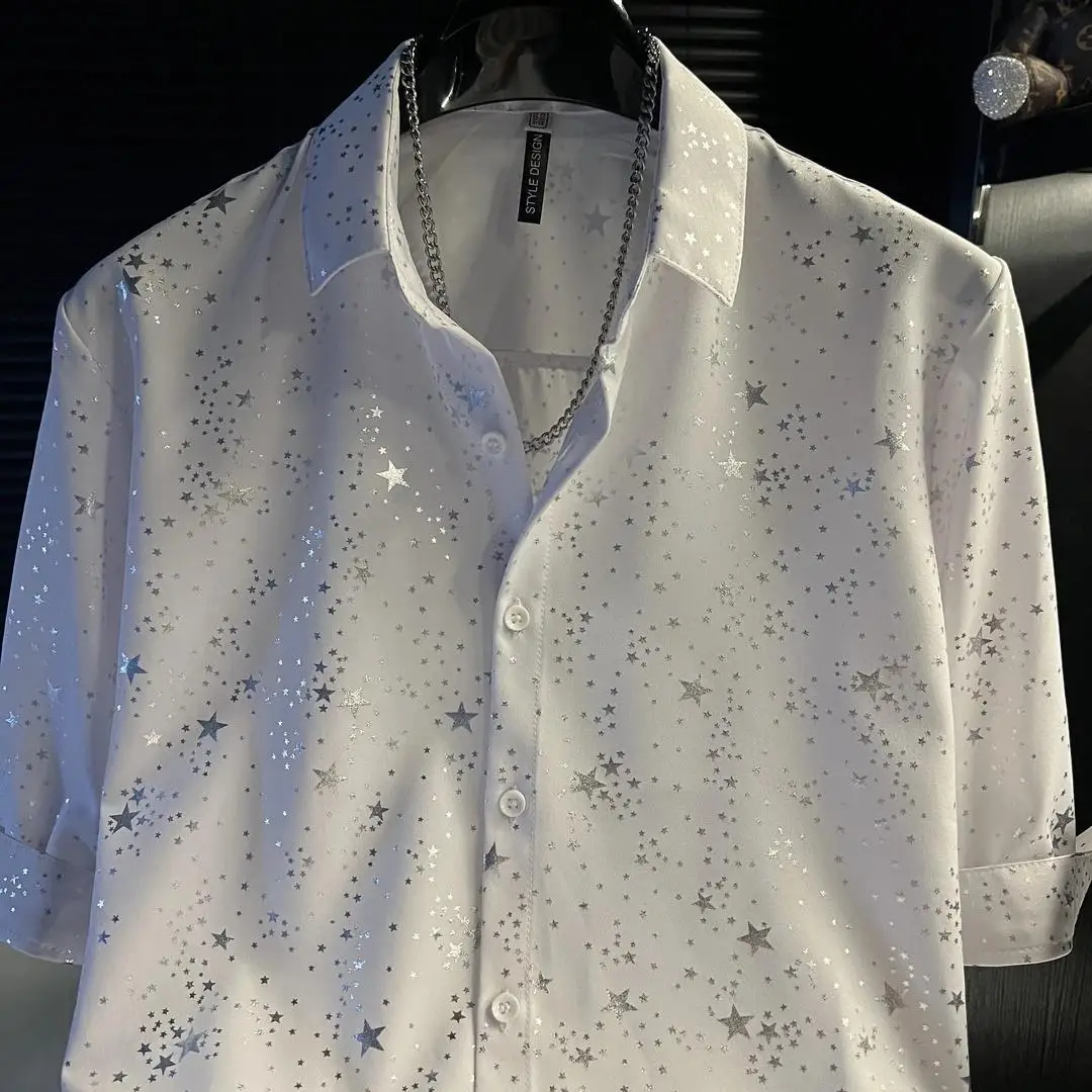 2026 Spring Summer Shiny Sequin Long Sleeve Shirt Men Shoulder Padded Hip Hop Punk Black White Shirts