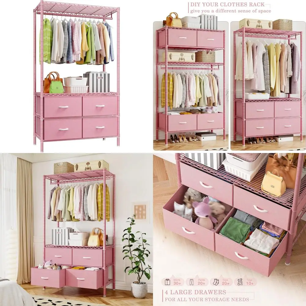 رف ملابس معدني محمول عالي التحمل مع أرفف و4 أدراج، مثالي لتعليق وتخزين الملابس باللون الوردي