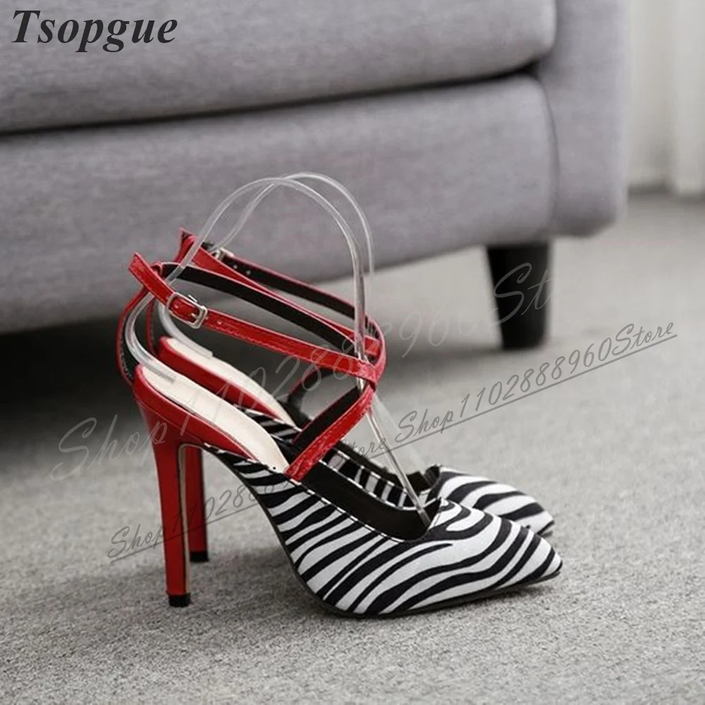 

Mixed Zebra Print Cross Band Sandals Thin High Heel Women Shoes Ankle Buckle Strap Pointed Toe 2024 Fashion Zapatos Para Mujere