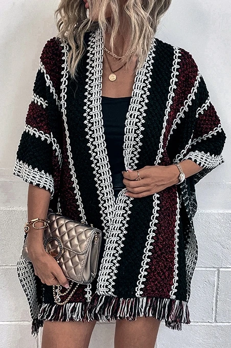 Women's Ethnic Style Cardigan 2025 Autumn Winter Latest Collision Color Grid Tassel Cape Scarf Knitted Shawl Coat Open Front