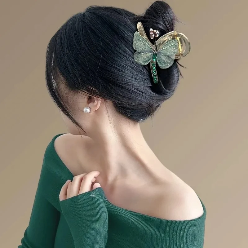 Hair Claw Clip Butterfly Embroidered Elegant Green Half-tied Hair On The Back Of The Head Shark Clip Retro Style Embroidered But view 2