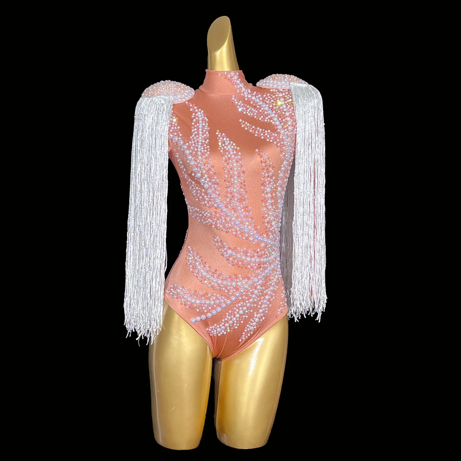 

Sparkly Rhinestones Fringes Bodysuit Sexy Latin Dance Dress Performance Costume Bar Nightclub Stage Wear Pearls Dance Leotard