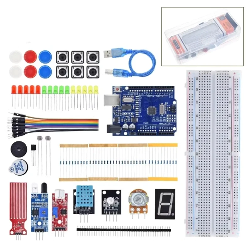 Starter Kit for Arduino Uno R3 Breadboard Basic simple learning kit, sound/water level/humidity/distance detection, LED control