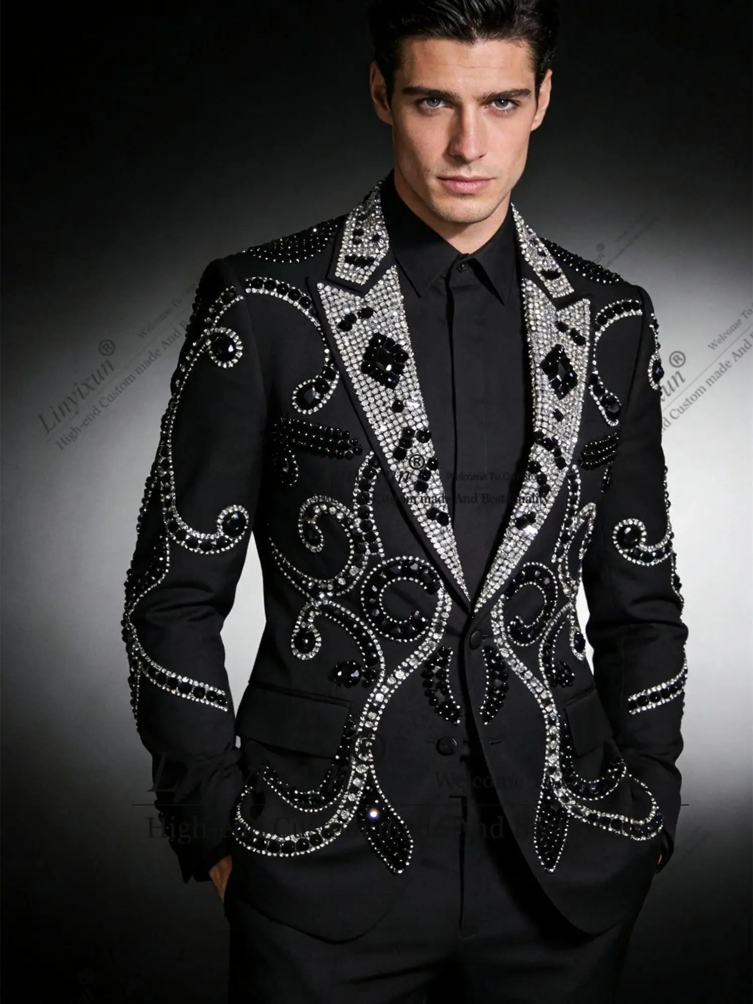 

Handsome Rhinestond Crystals Men Suits 2 Piece Male Prom Blazer Customized Diamond Ropa hombre Slim Fit Groom Wedding Tuxedo