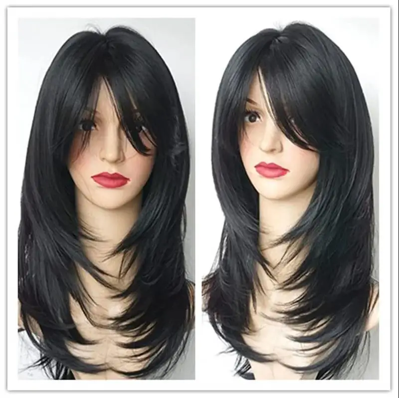 WHIMSICAL W Synthetic Long Wary Hair Black Wig for Black Women with Bangs Hair Cosplay Heat Resistant Wigs