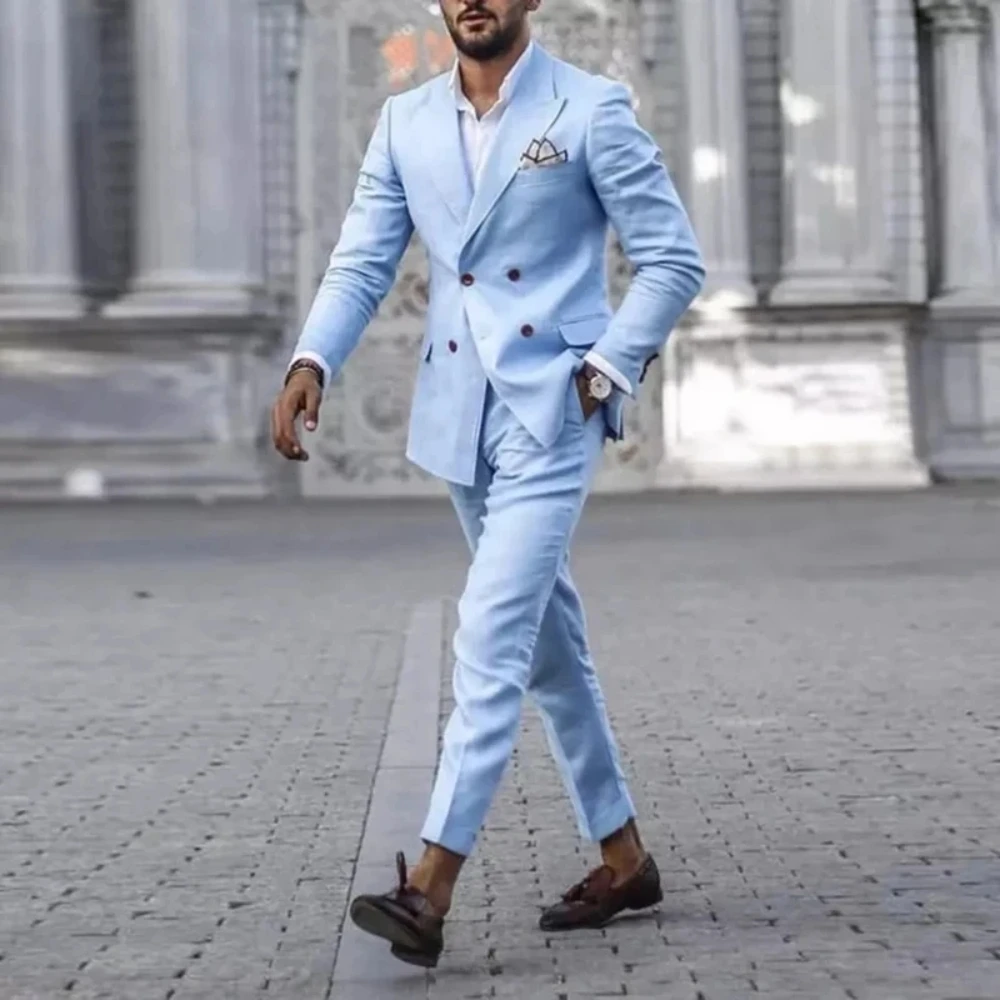 

Sky Blue Double Breasted Men Suit Two Pieces Set Costume Homme Wedding Groom Formal Slim Fit Blazers Pants